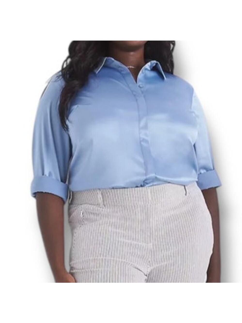 Lane Bryant collared button-down blue satin shirt Size 28